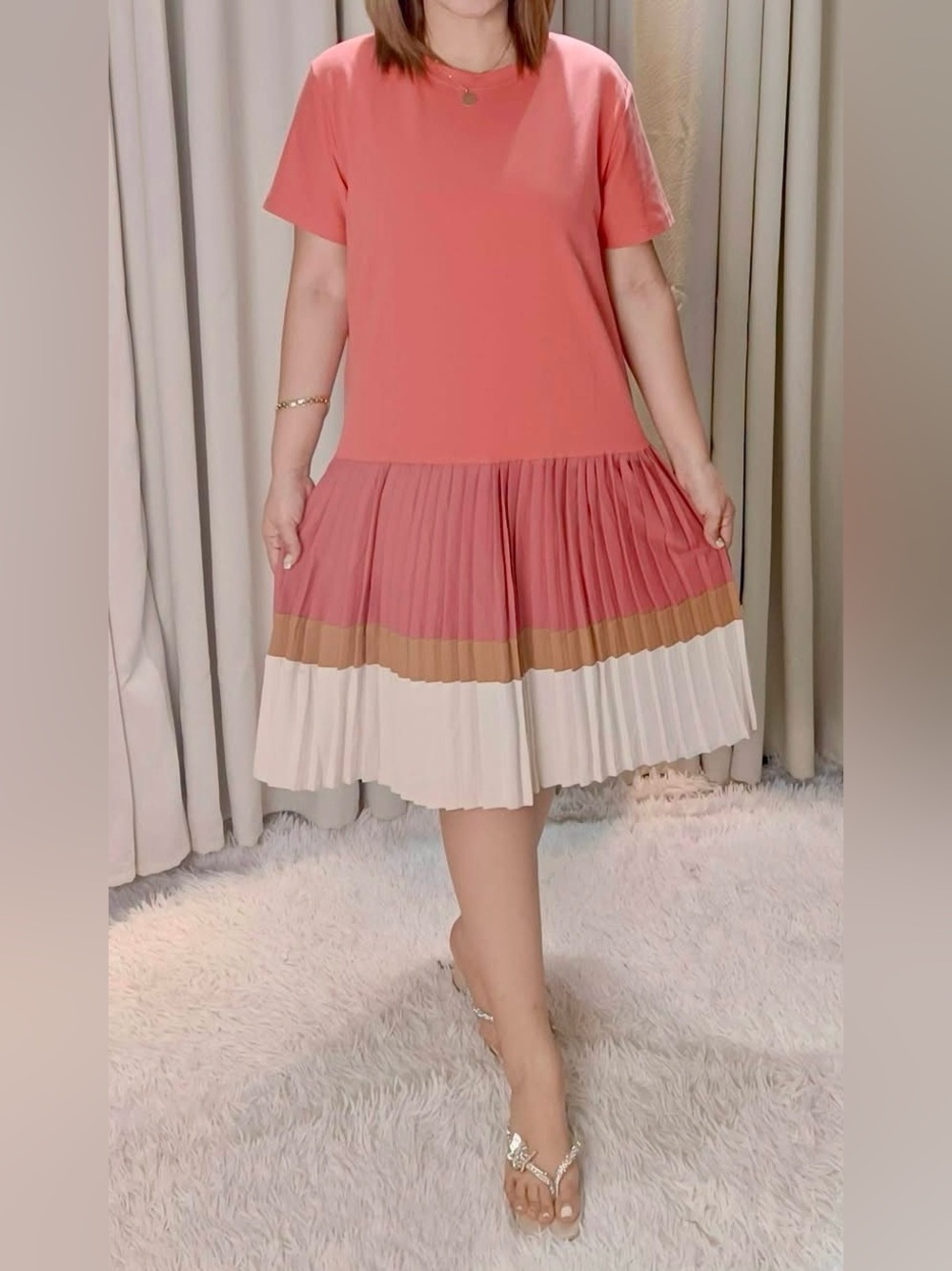 Coral Short-Sleeve Pleated Colorblock Dress